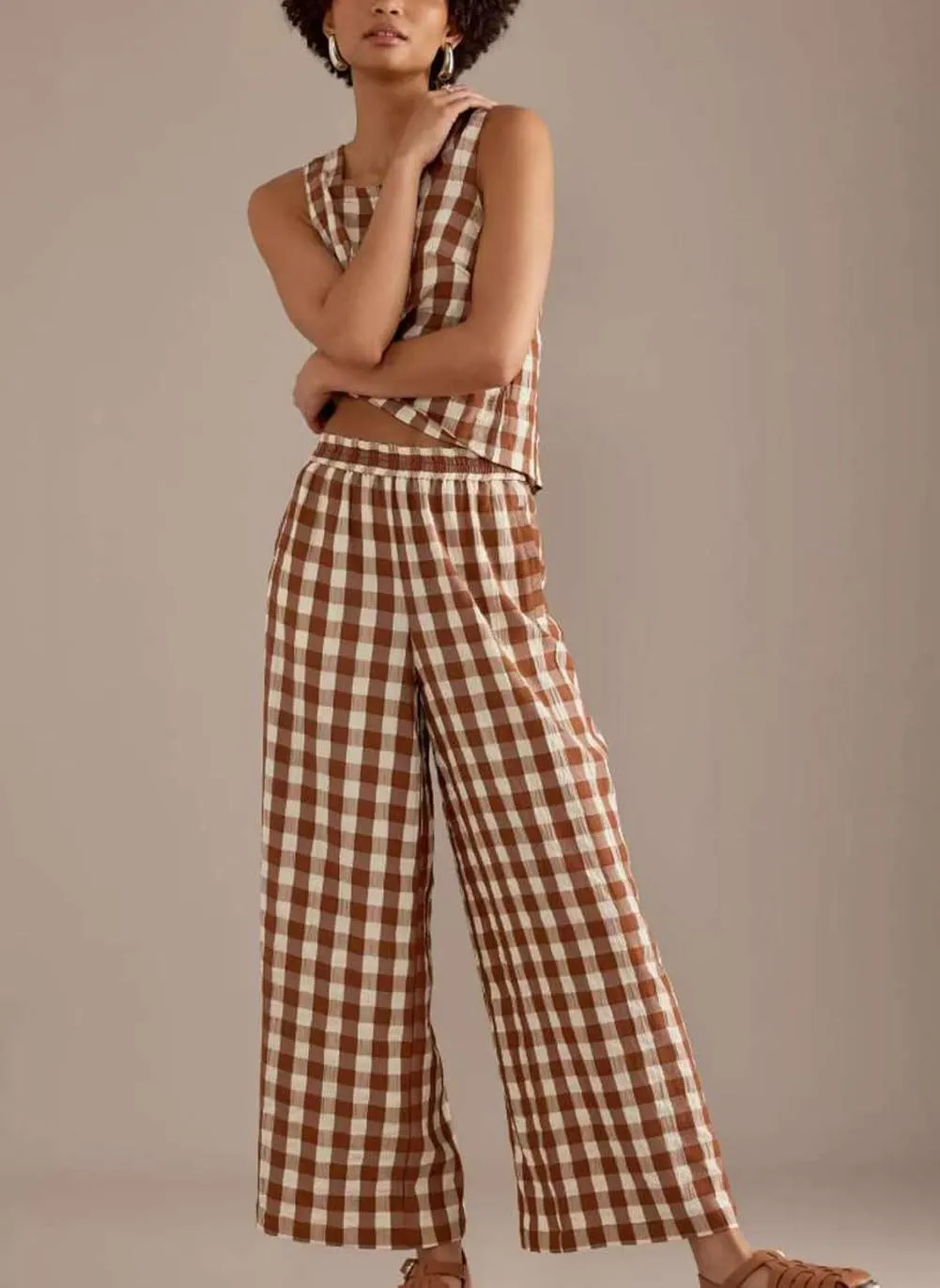 utcoco Womens 2 Piece Outfits Retro Plaid Tank Tops Gingham Wide Leg Pants Lounge Set 2025 Summer Tracksuit