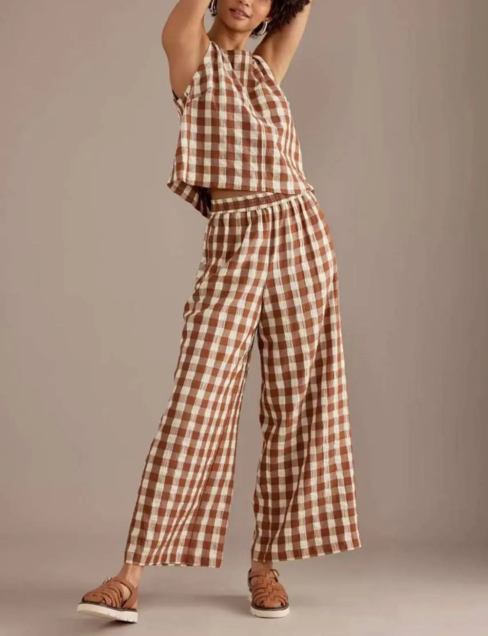 utcoco Womens 2 Piece Outfits Retro Plaid Tank Tops Gingham Wide Leg Pants Lounge Set 2025 Summer Tracksuit