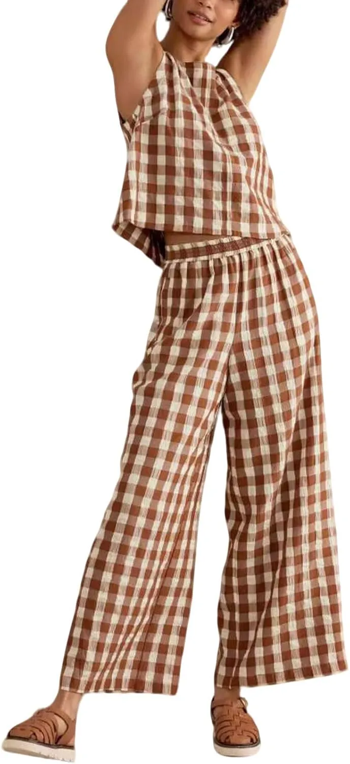 utcoco Womens 2 Piece Outfits Retro Plaid Tank Tops Gingham Wide Leg Pants Lounge Set 2025 Summer Tracksuit
