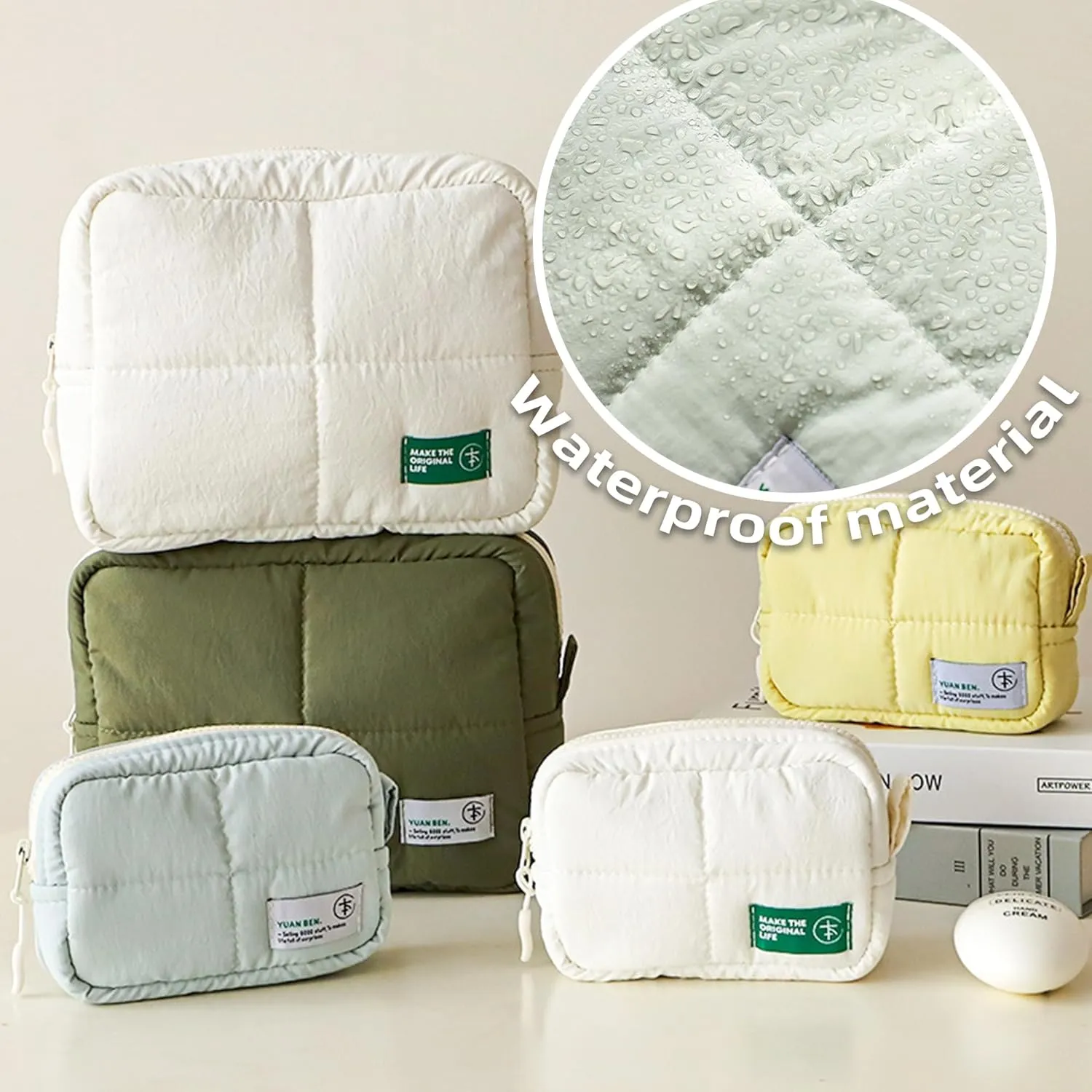 Veki Puffy Makeup Bag, Travel Cosmetic Bags for Women, Cute Quilted Make up Pouch, Toiletry Organizer Travel Essentials and Rectangular Quilted (Green, Large)