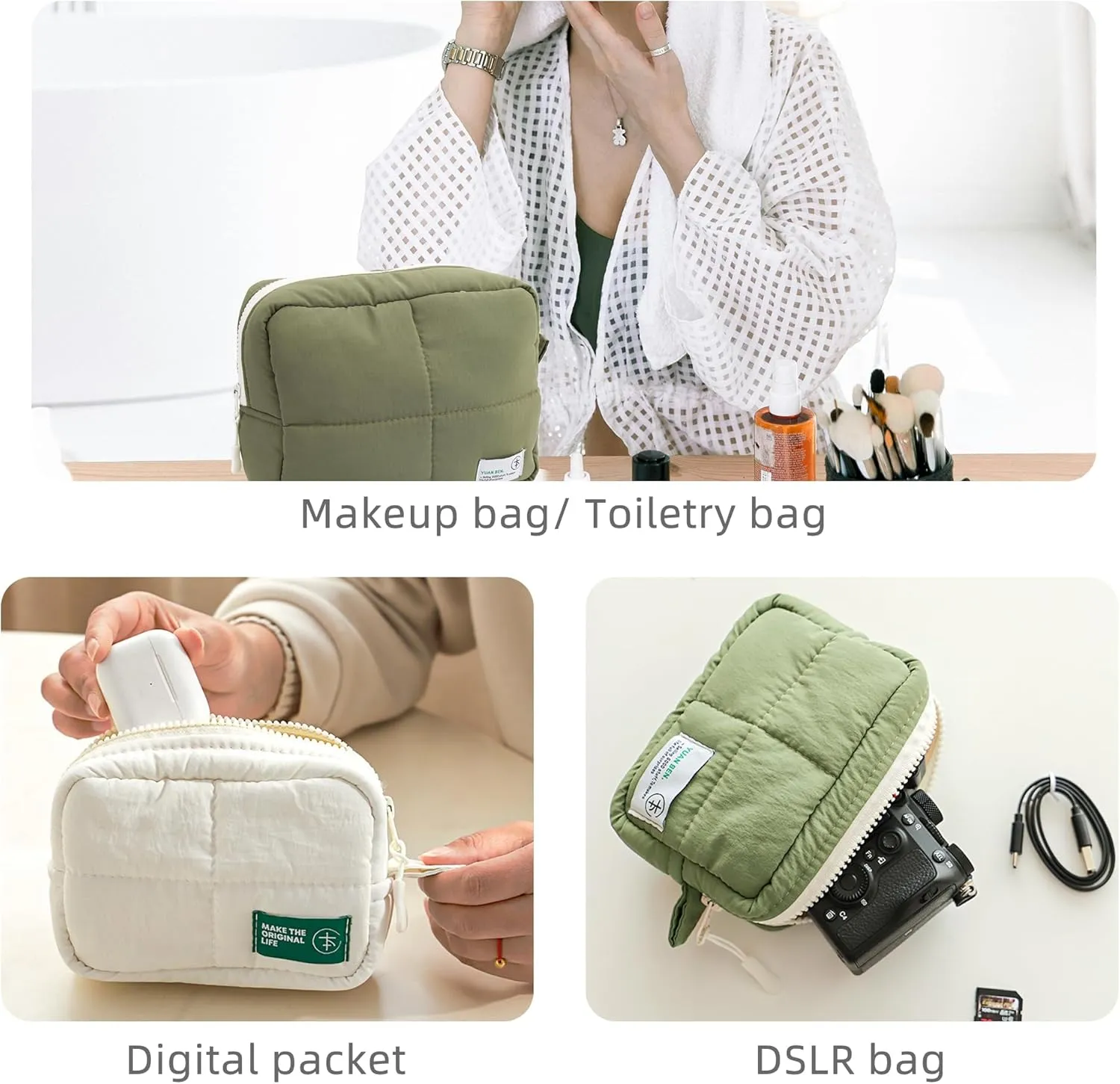 Veki Puffy Makeup Bag, Travel Cosmetic Bags for Women, Cute Quilted Make up Pouch, Toiletry Organizer Travel Essentials and Rectangular Quilted (Green, Large)