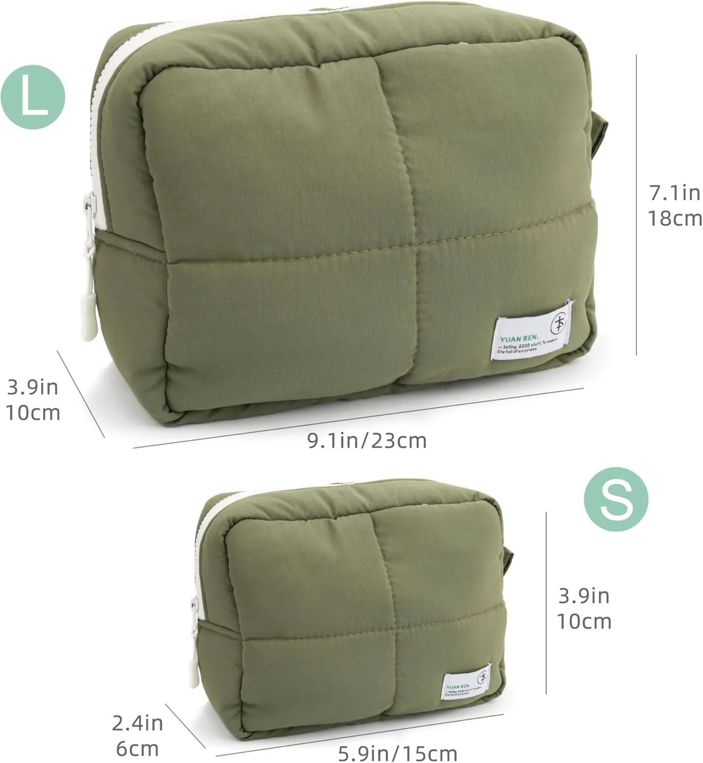 Veki Puffy Makeup Bag, Travel Cosmetic Bags for Women, Cute Quilted Make up Pouch, Toiletry Organizer Travel Essentials and Rectangular Quilted (Green, Large)