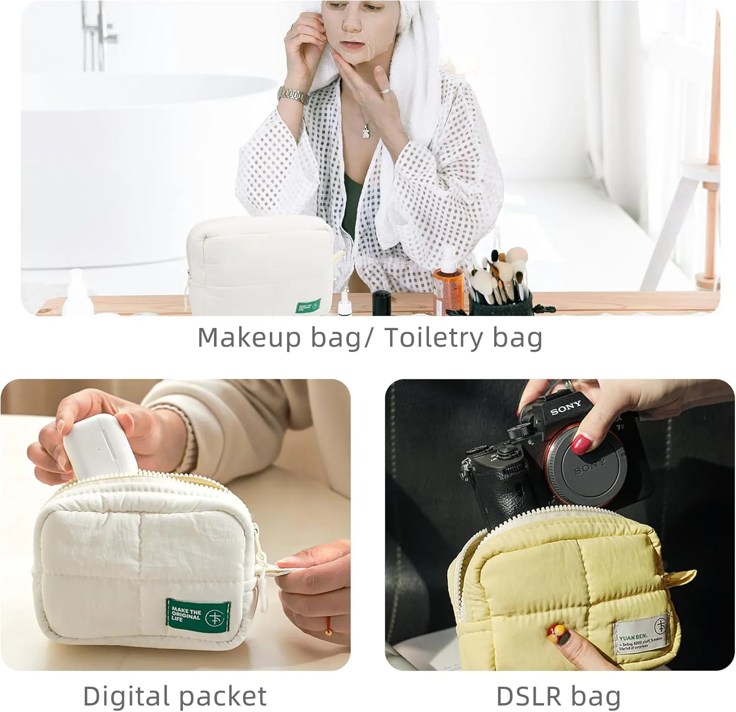 Veki Puffy Makeup Bag, Travel Cosmetic Bags for Women, Cute Quilted Make up Pouch, Toiletry Organizer Travel Essentials and Rectangular Quilted (White, Large)