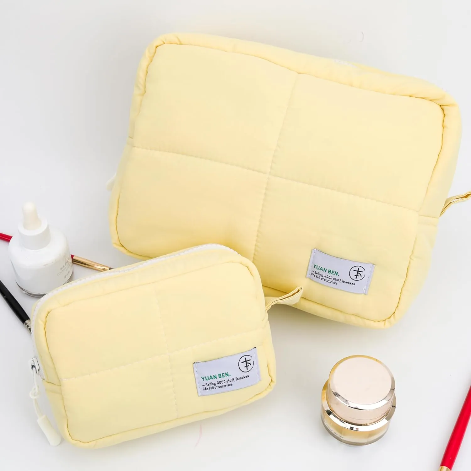 Veki Puffy Makeup Bag, Travel Cosmetic Bags for Women, Cute Quilted Make up Pouch, Toiletry Organizer Travel Essentials and Rectangular Quilted (Yellow, Small)