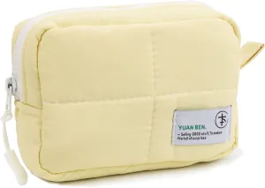 Veki Puffy Makeup Bag, Travel Cosmetic Bags for Women, Cute Quilted Make up Pouch, Toiletry Organizer Travel Essentials and Rectangular Quilted (Yellow, Small)
