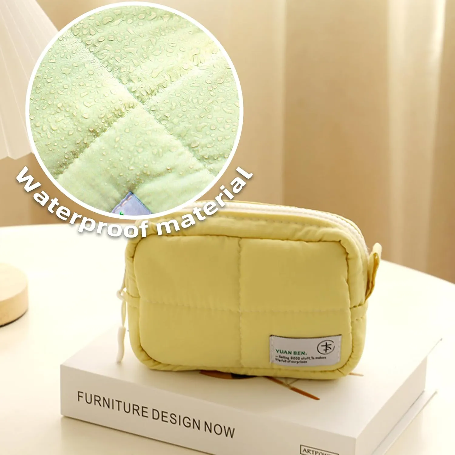Veki Puffy Makeup Bag, Travel Cosmetic Bags for Women, Cute Quilted Make up Pouch, Toiletry Organizer Travel Essentials and Rectangular Quilted (Yellow, Small)