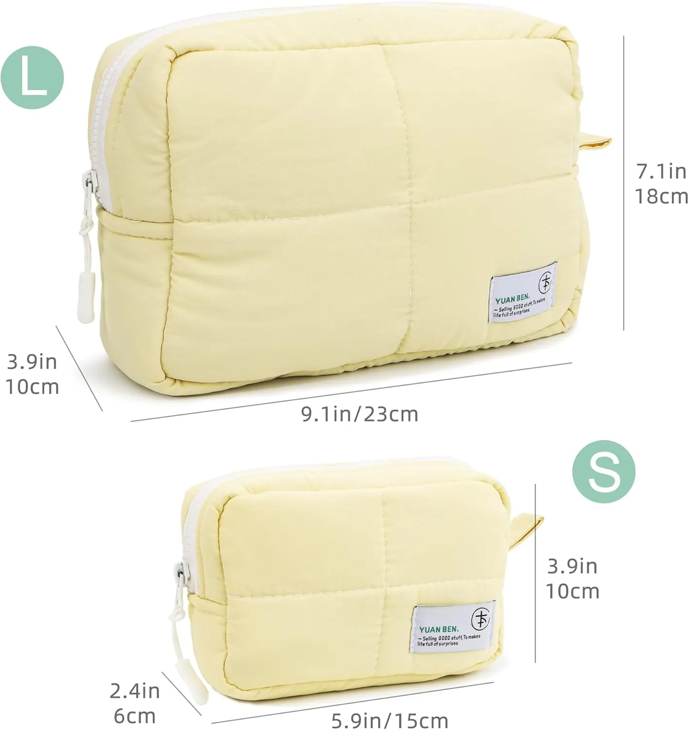 Veki Puffy Makeup Bag, Travel Cosmetic Bags for Women, Cute Quilted Make up Pouch, Toiletry Organizer Travel Essentials and Rectangular Quilted (Yellow, Small)