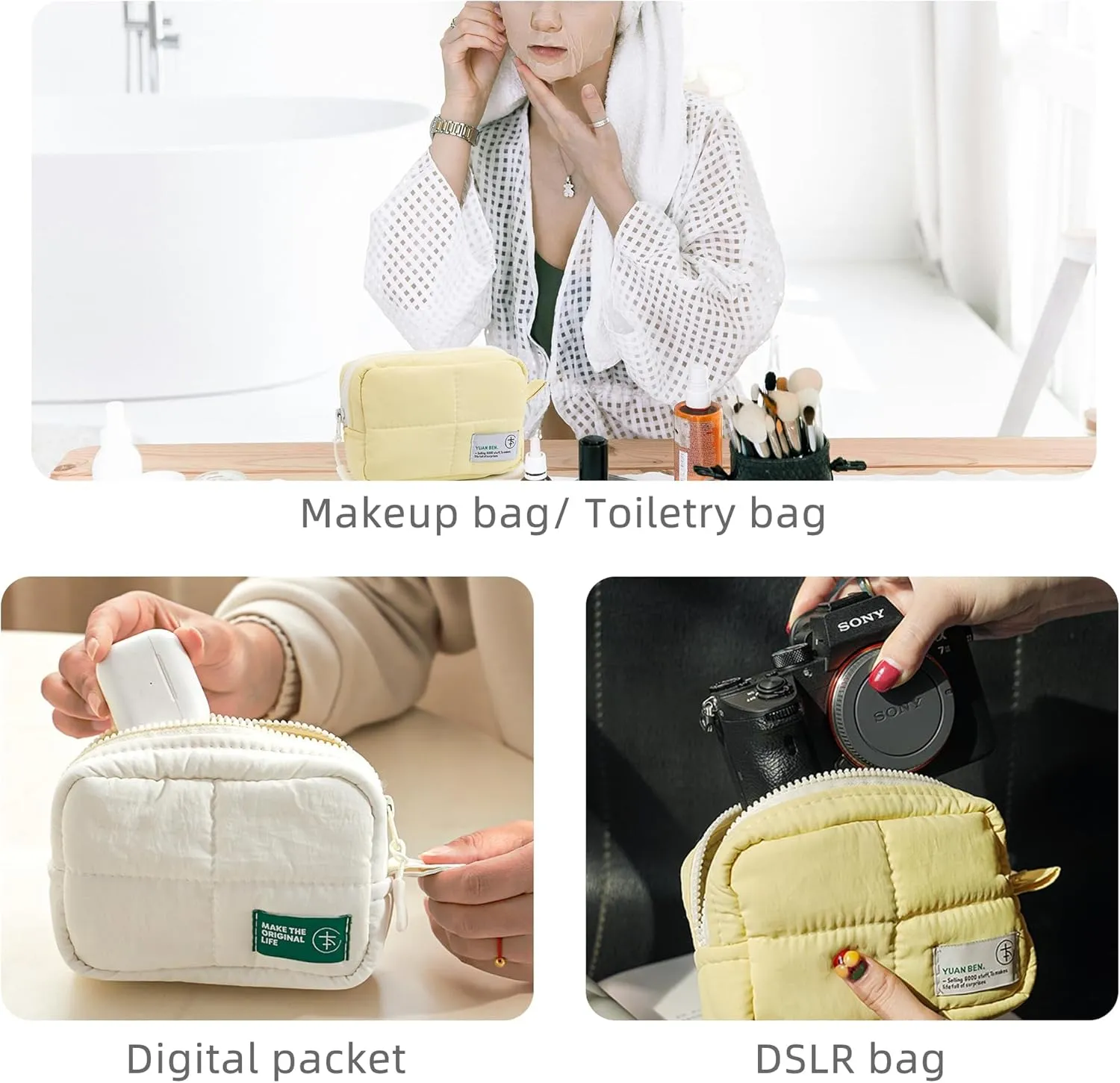 Veki Puffy Makeup Bag, Travel Cosmetic Bags for Women, Cute Quilted Make up Pouch, Toiletry Organizer Travel Essentials and Rectangular Quilted (Yellow, Small)