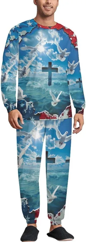 Wall Art American Flag Patriotic Men's Pajama Set Crewneck Shirts And Bottoms Soft Pjs Set Long Sleeve Sleepwear Loungewear