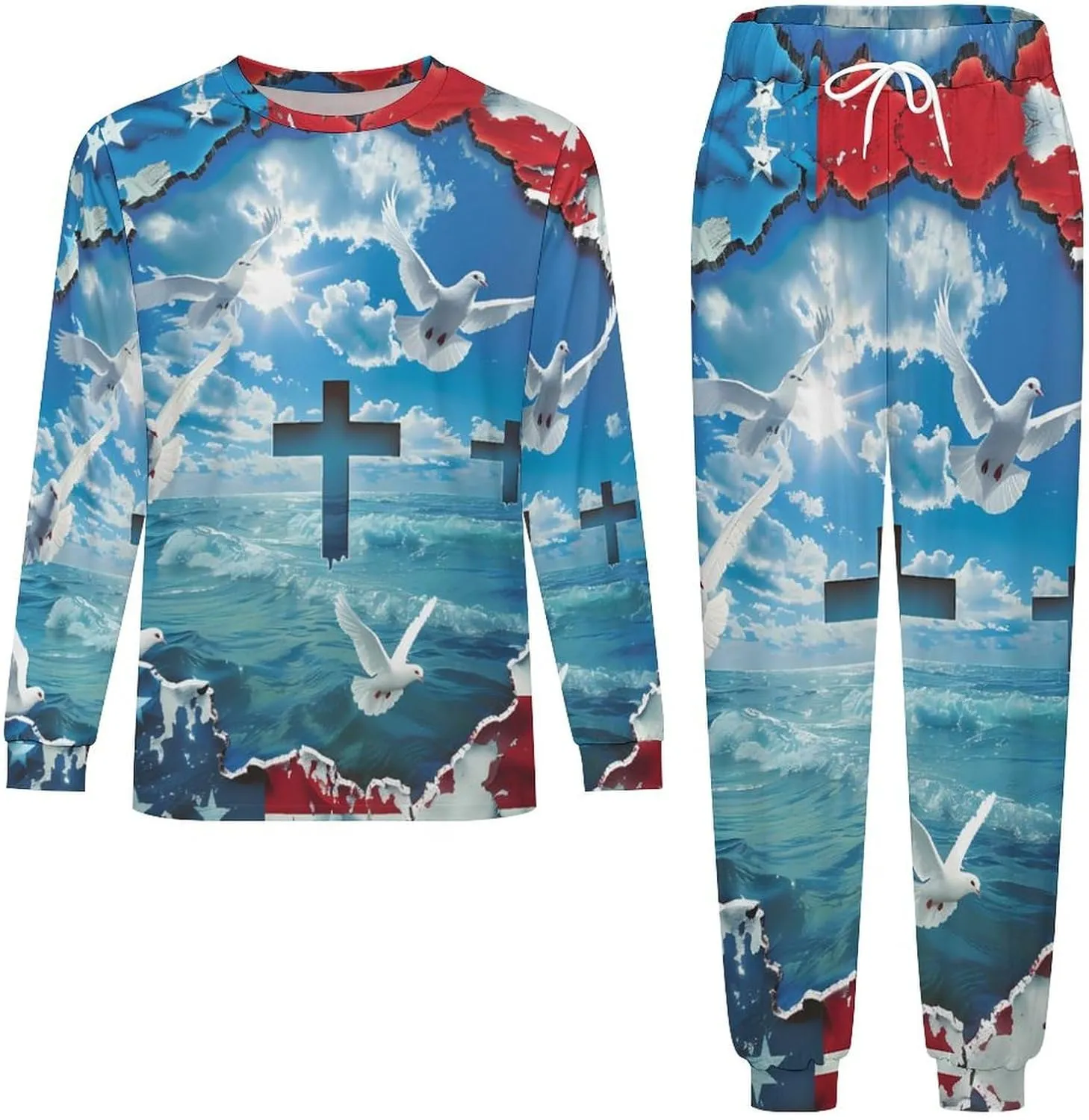 Wall Art American Flag Patriotic Men's Pajama Set Crewneck Shirts And Bottoms Soft Pjs Set Long Sleeve Sleepwear Loungewear