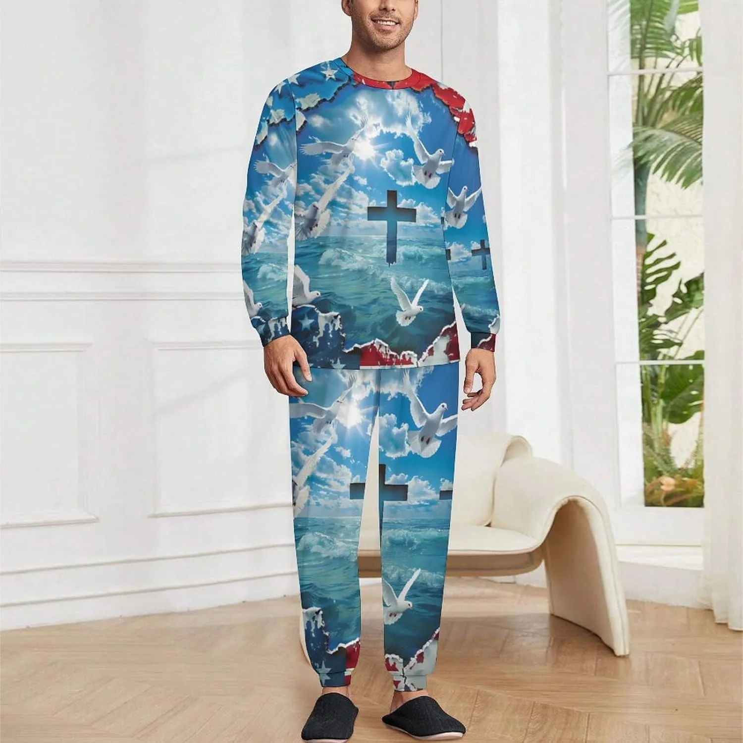 Wall Art American Flag Patriotic Men's Pajama Set Crewneck Shirts And Bottoms Soft Pjs Set Long Sleeve Sleepwear Loungewear