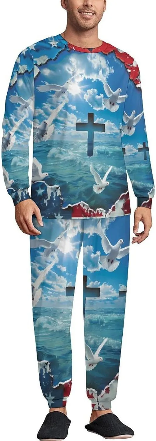Wall Art American Flag Patriotic Men's Pajama Set Crewneck Shirts And Bottoms Soft Pjs Set Long Sleeve Sleepwear Loungewear