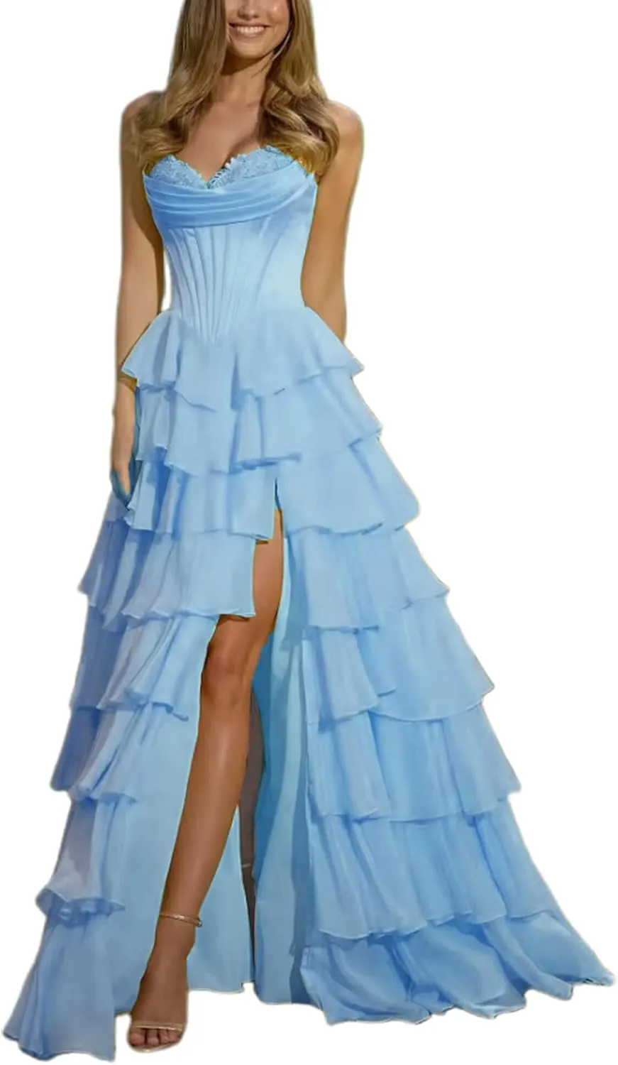 WDBFY Strapless Corset Prom Dresses with Slit Long Tiered Chiffon Evening Dress A-Line Ruffle Formal Evening Gowns
