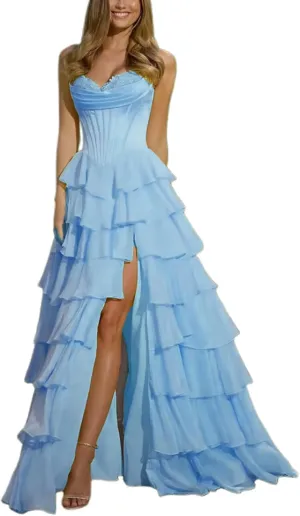 WDBFY Strapless Corset Prom Dresses with Slit Long Tiered Chiffon Evening Dress A-Line Ruffle Formal Evening Gowns