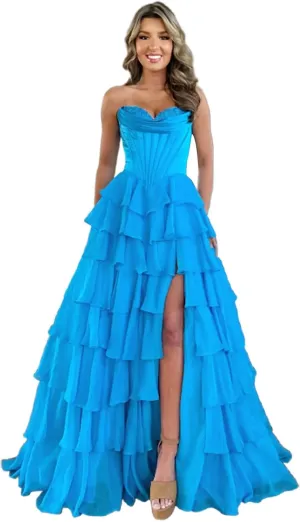 WDBFY Strapless Corset Prom Dresses with Slit Long Tiered Chiffon Evening Dress A-Line Ruffle Formal Evening Gowns