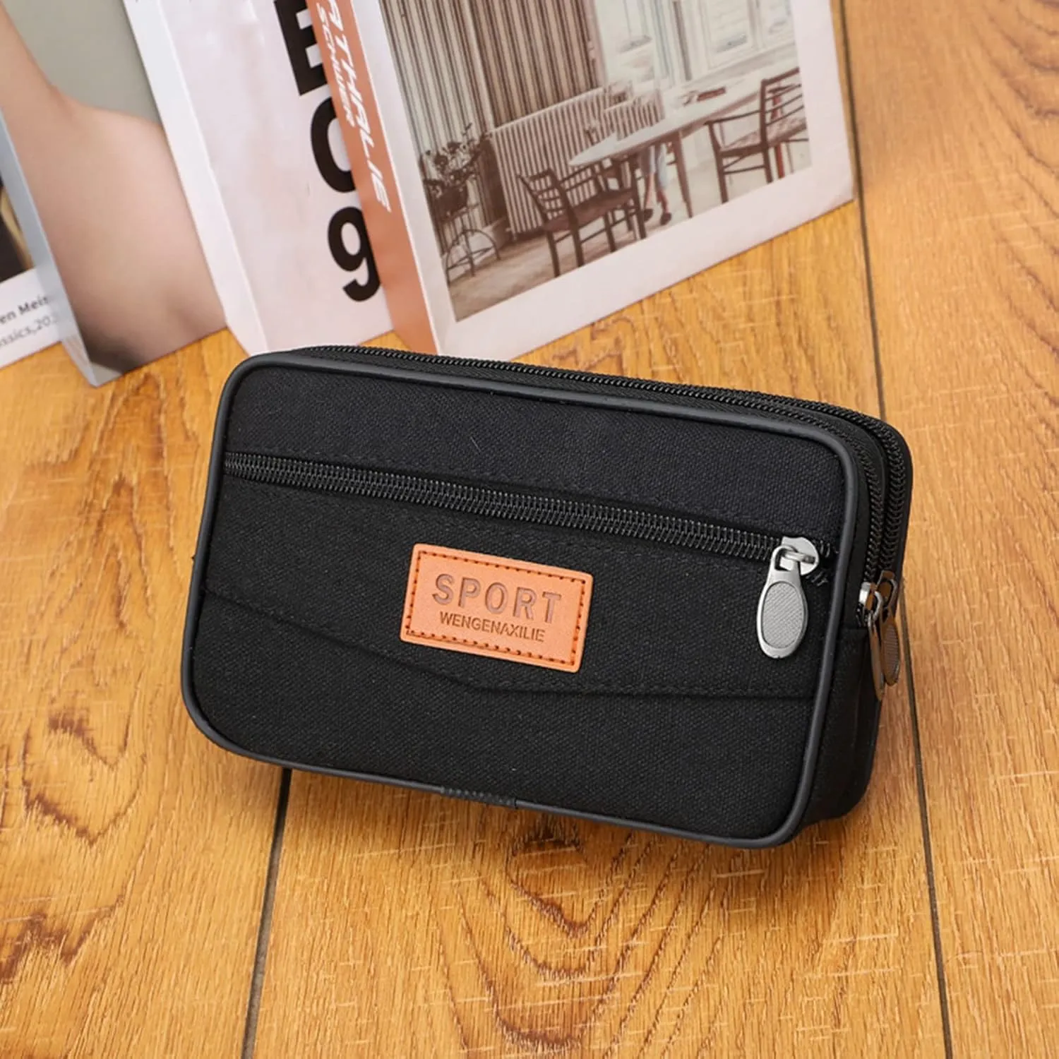 Weiy Cell Phone Belt Pouch Double Zipper Phone Holster Pouch Case Canvas Mini Travel Cross Body Purse for Men Women,Khaki