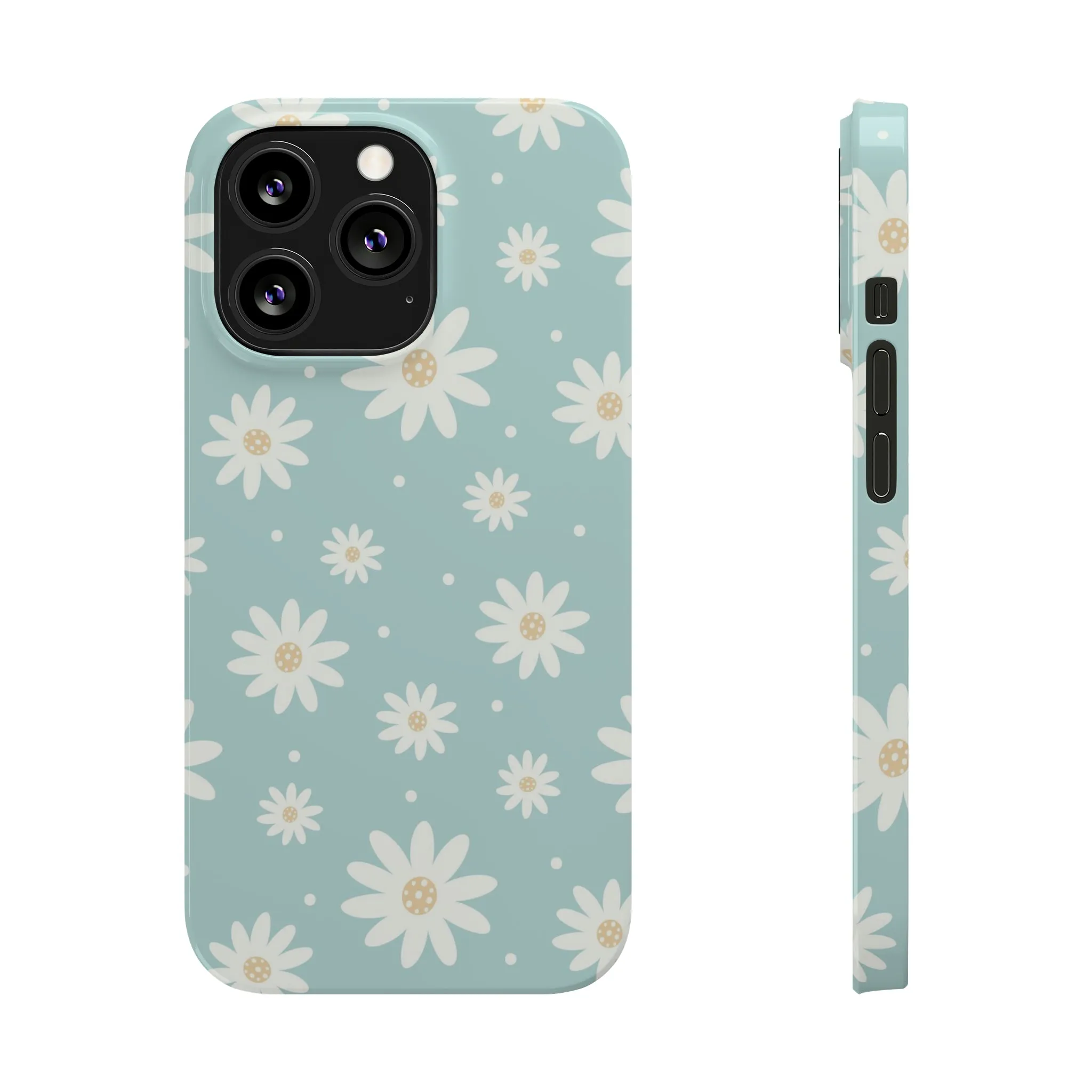 White Daisies and Blue background Design Sleek Elegance Wireless-Charging Compatible Phone Case Slim Phone Case compatible with over 20 iphone models