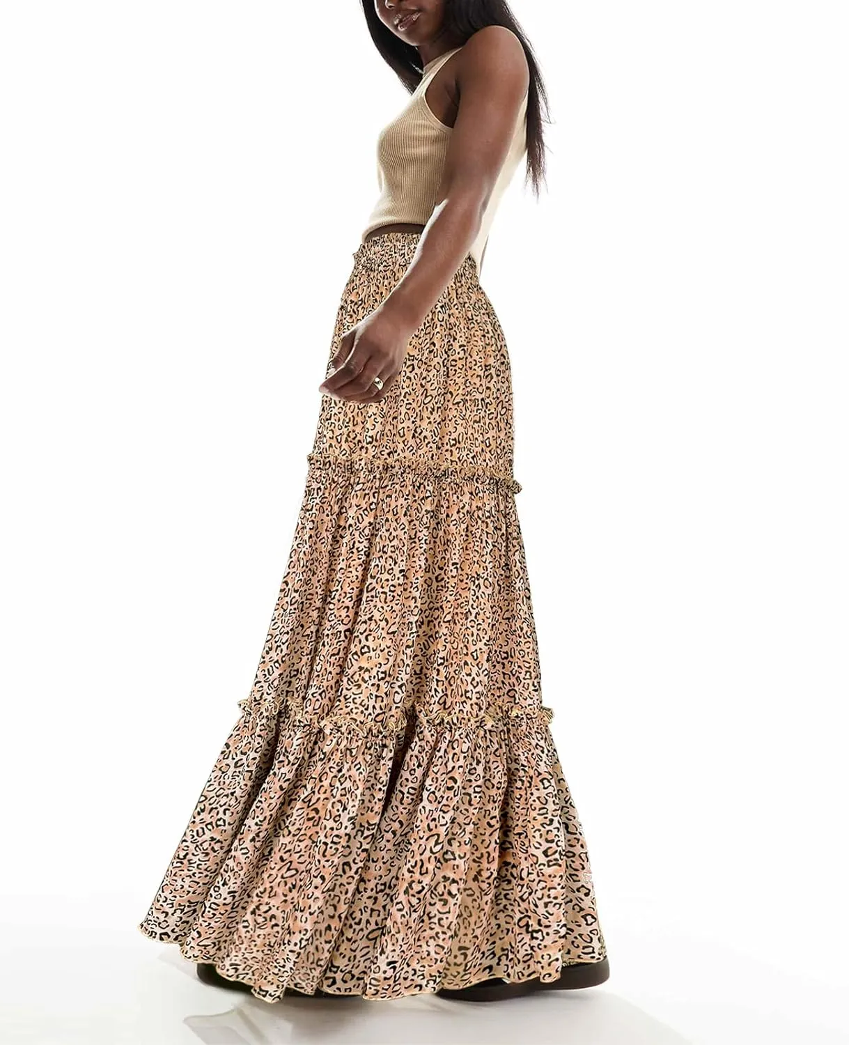 WISFRUIT Women's Leopard Print Pleated Maxi Skirt Cheetah Chiffon Tiered Ruffle A Line Flowy Beach Long Skirts