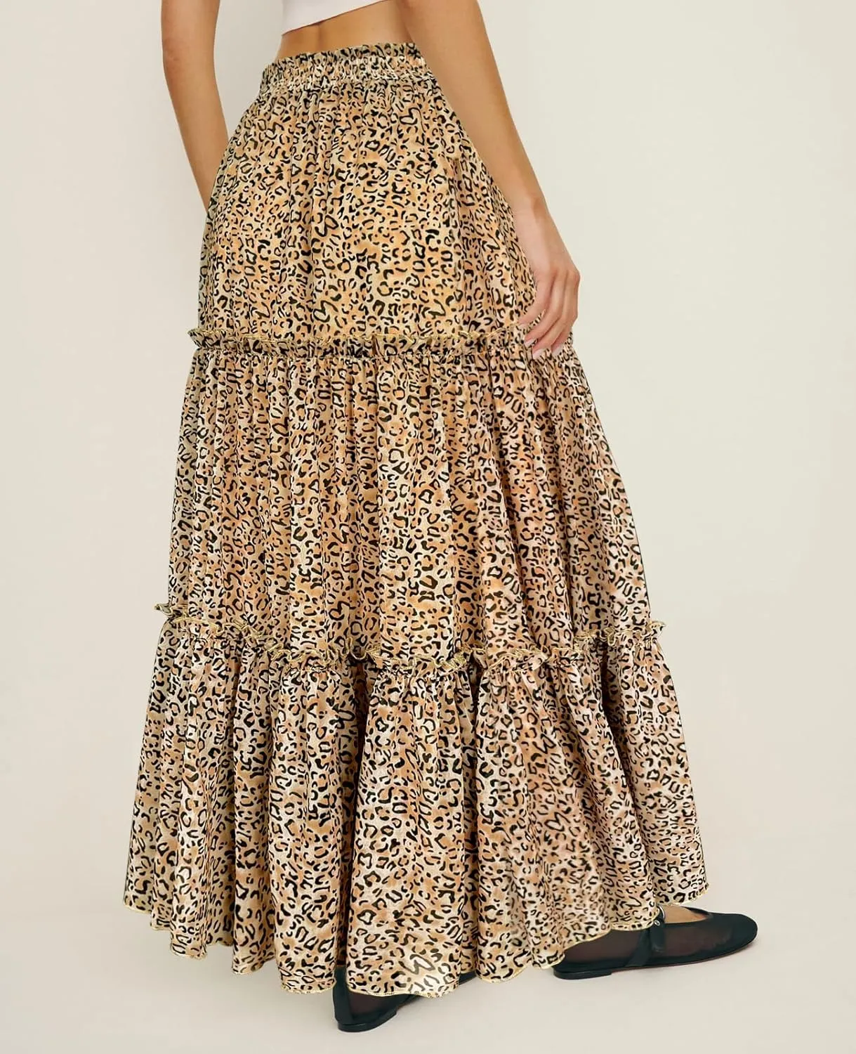 WISFRUIT Women's Leopard Print Pleated Maxi Skirt Cheetah Chiffon Tiered Ruffle A Line Flowy Beach Long Skirts