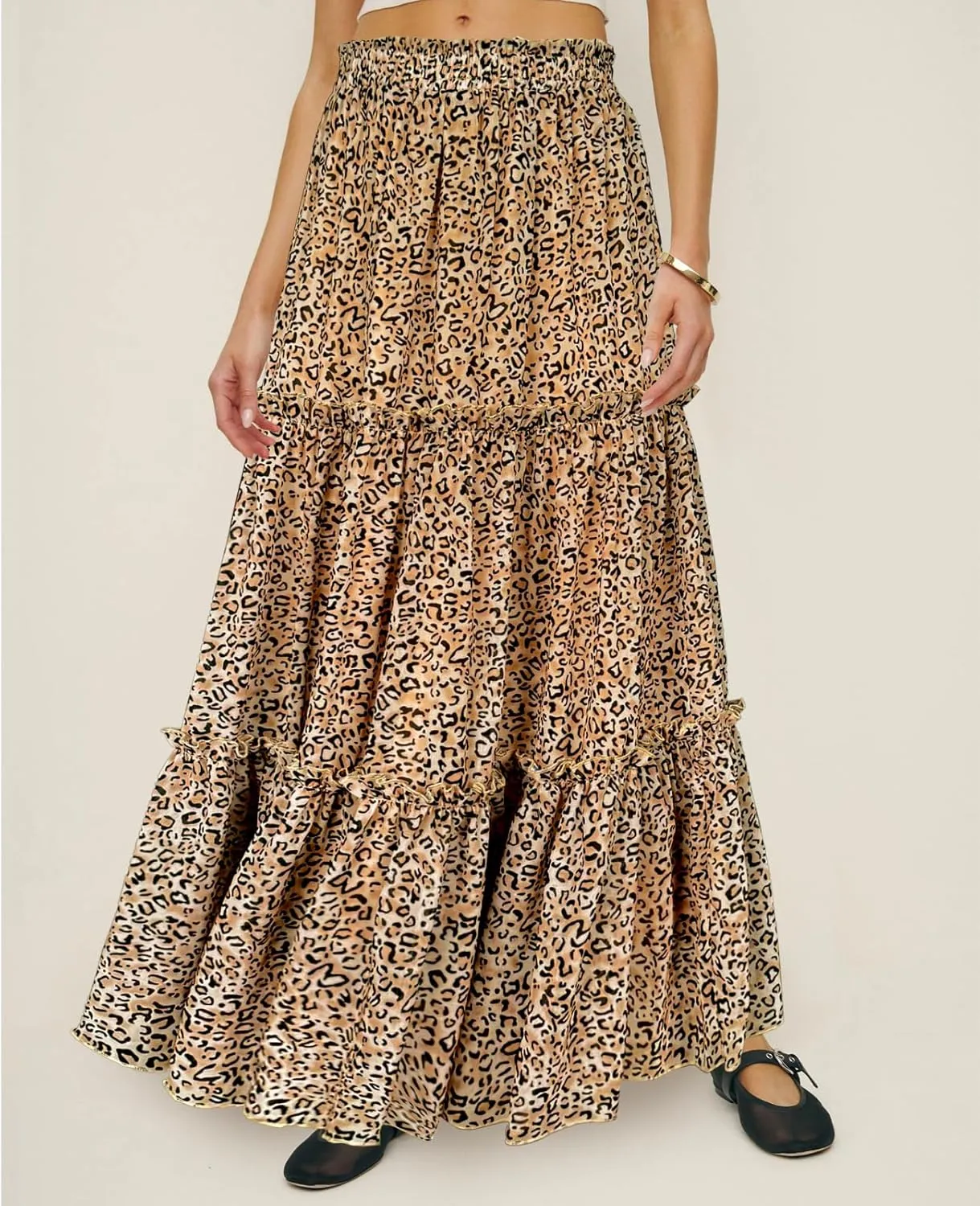 WISFRUIT Women's Leopard Print Pleated Maxi Skirt Cheetah Chiffon Tiered Ruffle A Line Flowy Beach Long Skirts