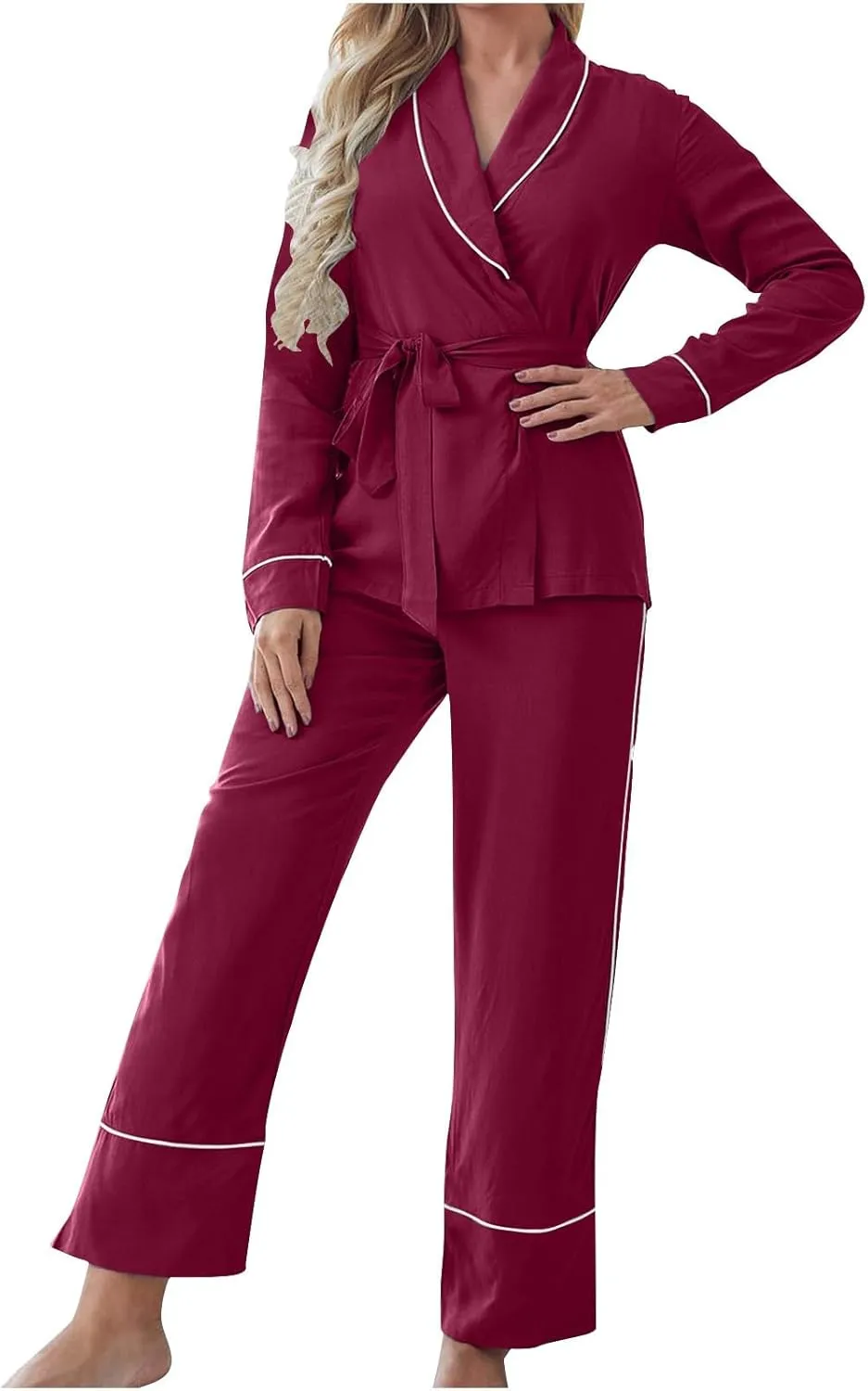 Women Belted Wrap Pajama Sets Striped Trim Comfy 2 Piece Outfit Loungewear Long Sleeve Shawl Collar Shirts and Pants