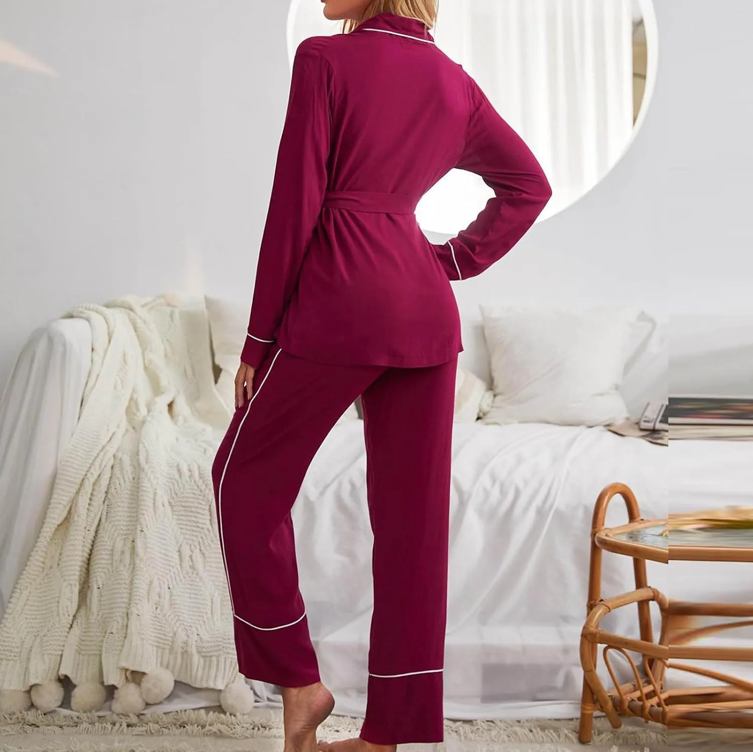 Women Belted Wrap Pajama Sets Striped Trim Comfy 2 Piece Outfit Loungewear Long Sleeve Shawl Collar Shirts and Pants