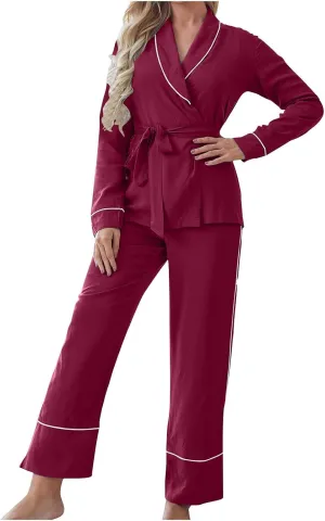 Women Belted Wrap Pajama Sets Striped Trim Comfy 2 Piece Outfit Loungewear Long Sleeve Shawl Collar Shirts and Pants