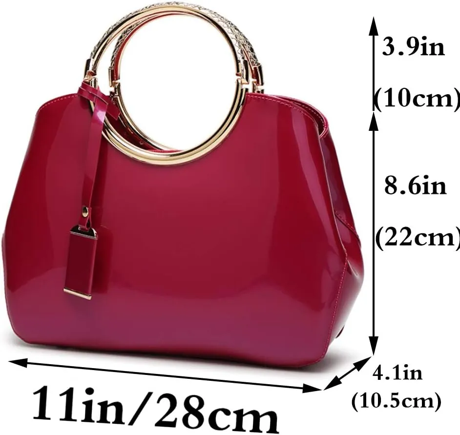 Women Elegant Handbag and Purse Top Handle Bag Patent Leather Tote Satchel Shoulder Clutch Crossbody Bag with Pendant Rose Red