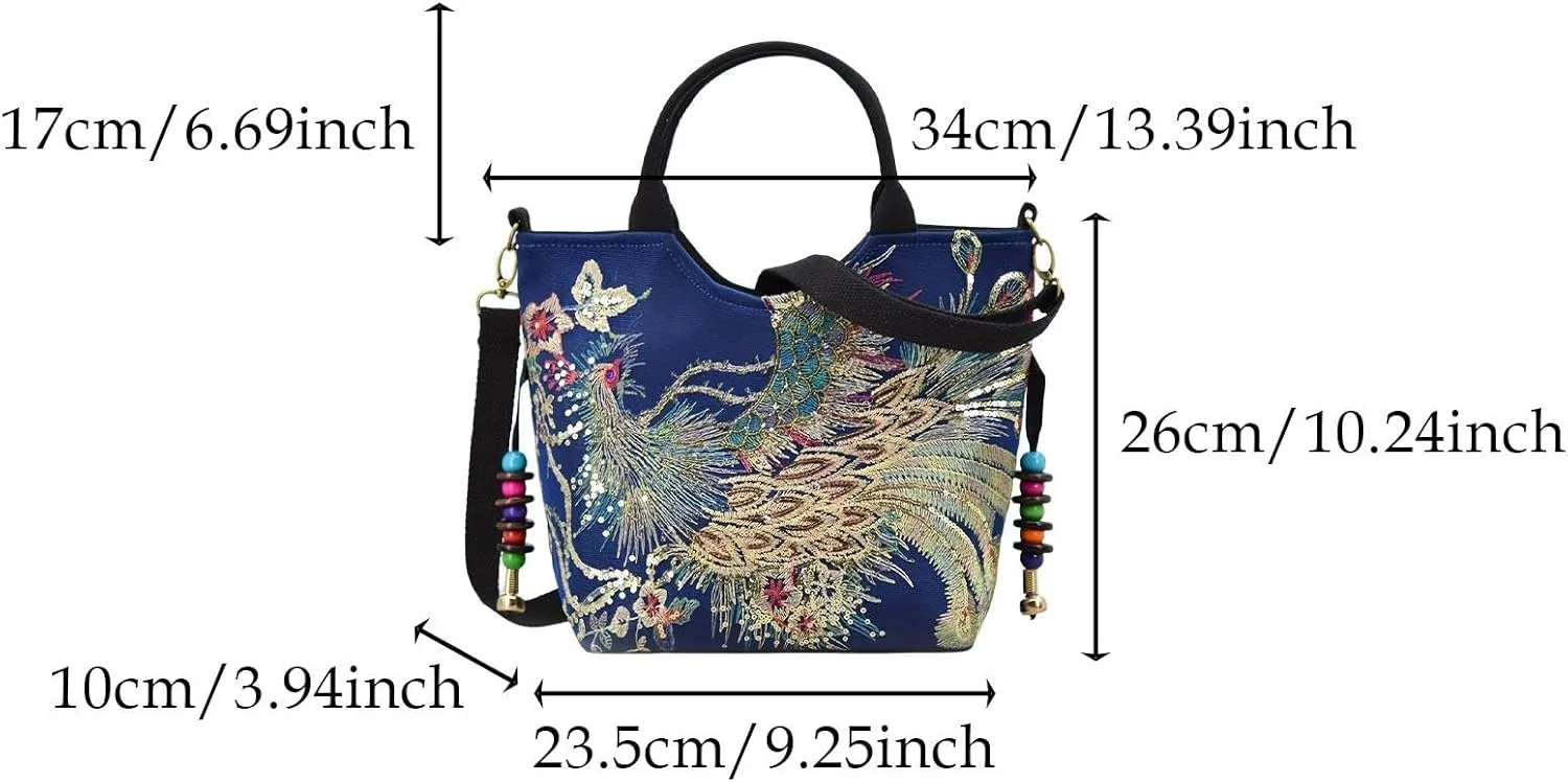 Women Embroidery Handbag with Pendants Shoulder Bag for Outdoor Sports Working