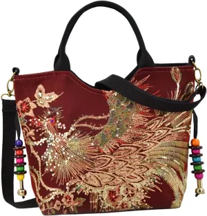 Women Embroidery Handbag with Pendants Shoulder Bag for Outdoor Sports Working