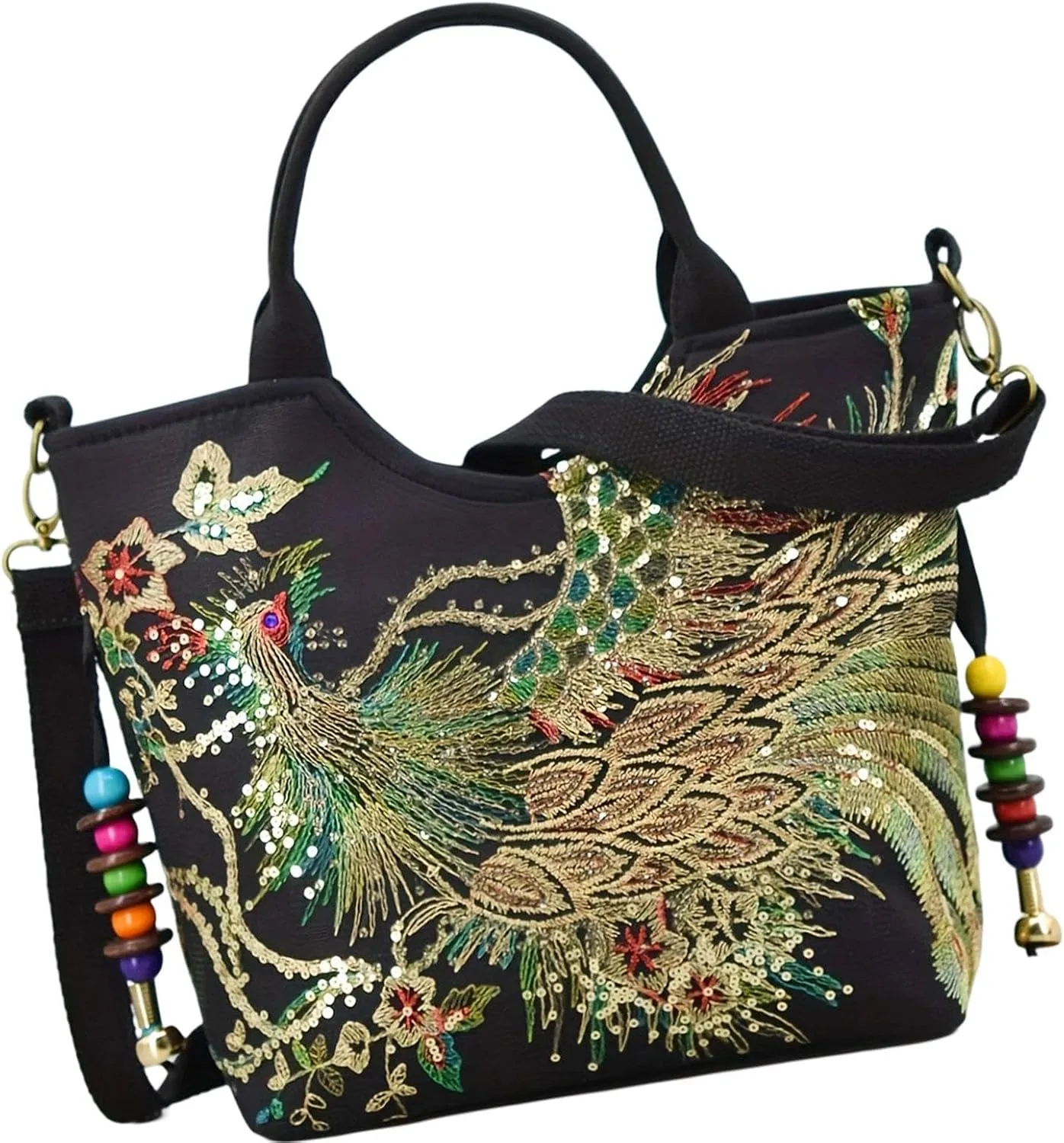 Women Embroidery Handbag with Pendants Shoulder Bag for Outdoor Sports Working