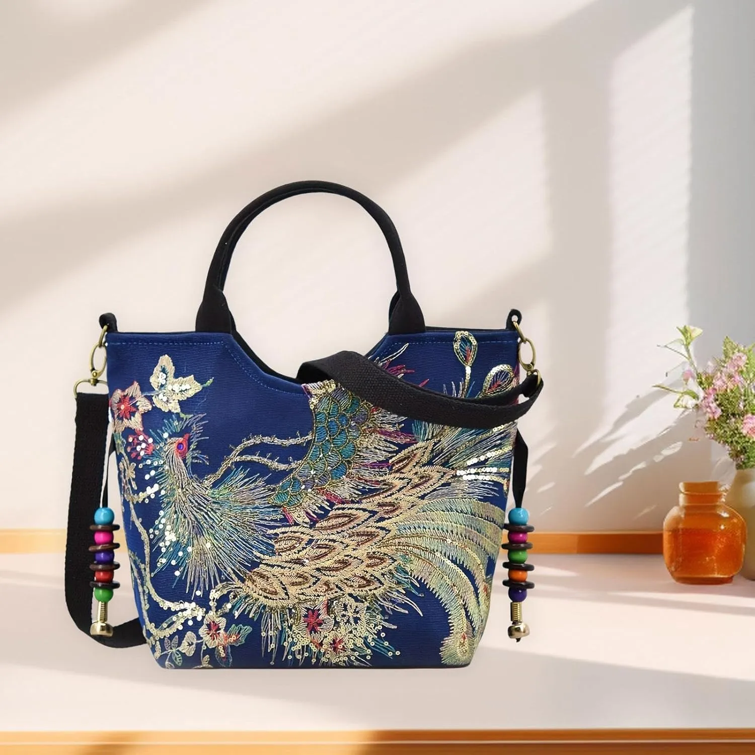 Women Embroidery Handbag with Pendants Shoulder Bag for Outdoor Sports Working