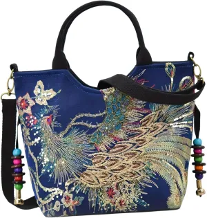 Women Embroidery Handbag with Pendants Shoulder Bag for Outdoor Sports Working