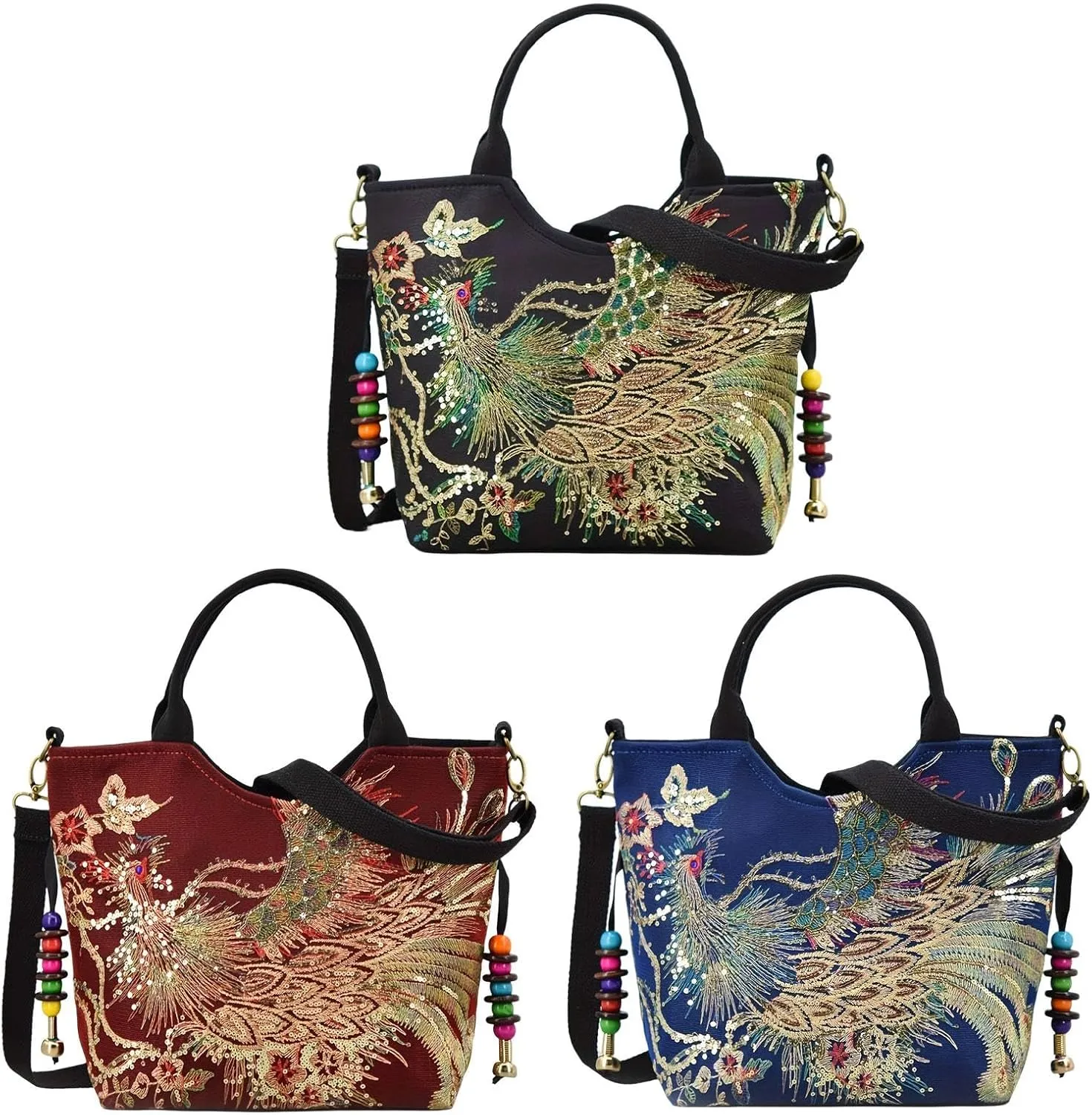 Women Embroidery Handbag with Pendants Shoulder Bag for Outdoor Sports Working