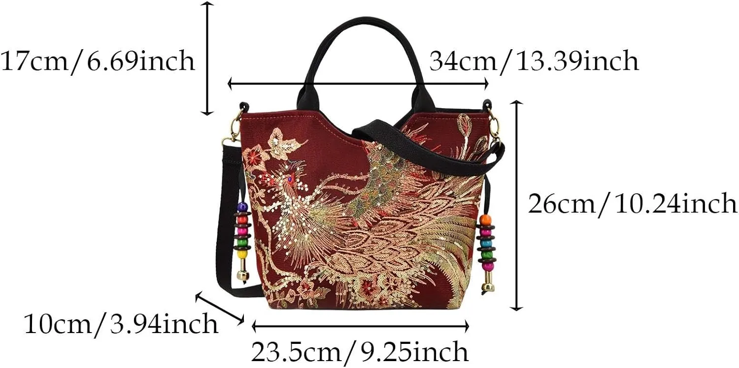 Women Embroidery Handbag with Pendants Shoulder Bag for Outdoor Sports Working