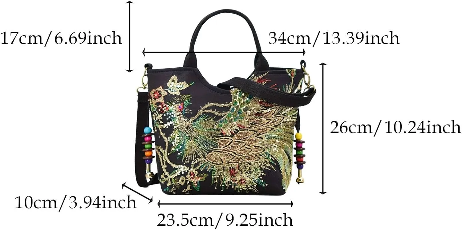 Women Embroidery Handbag with Pendants Shoulder Bag for Outdoor Sports Working