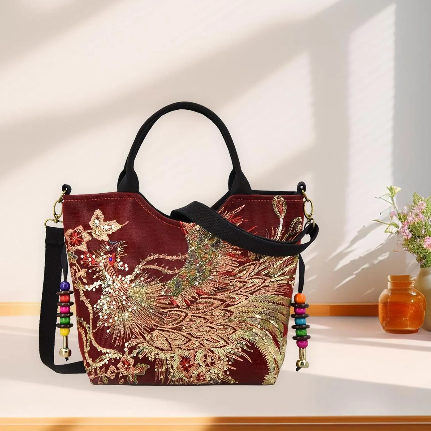 Women Embroidery Handbag with Pendants Shoulder Bag for Outdoor Sports Working