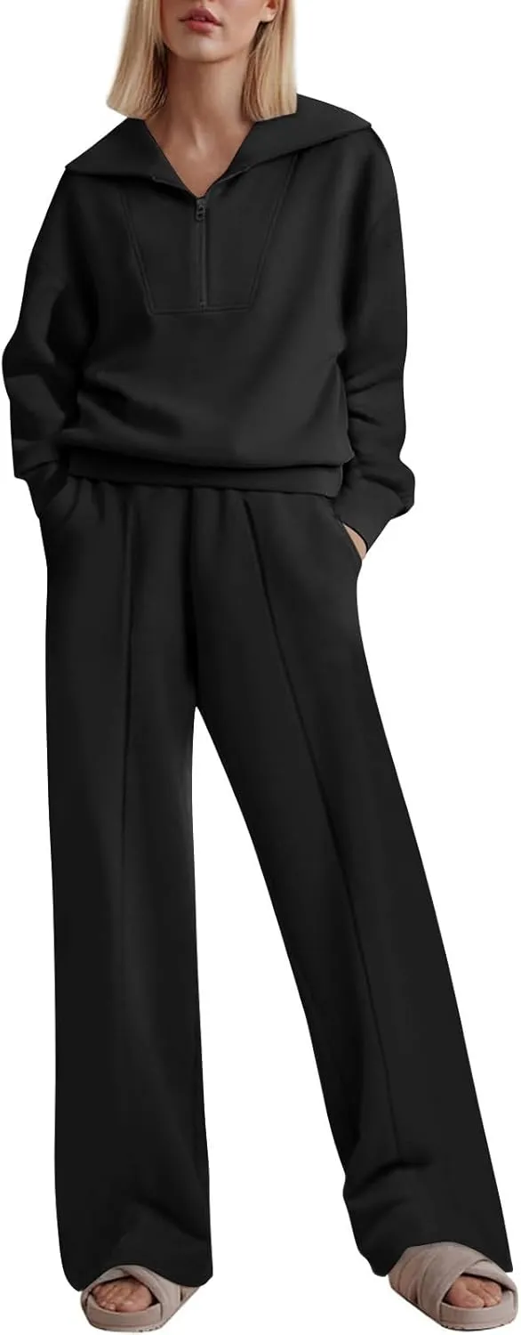 Women Fashion Solid Collar Half Zipper Sweatshirt Wide Leg Sweatpants Matching Sets Casual Sports Two Piece Set