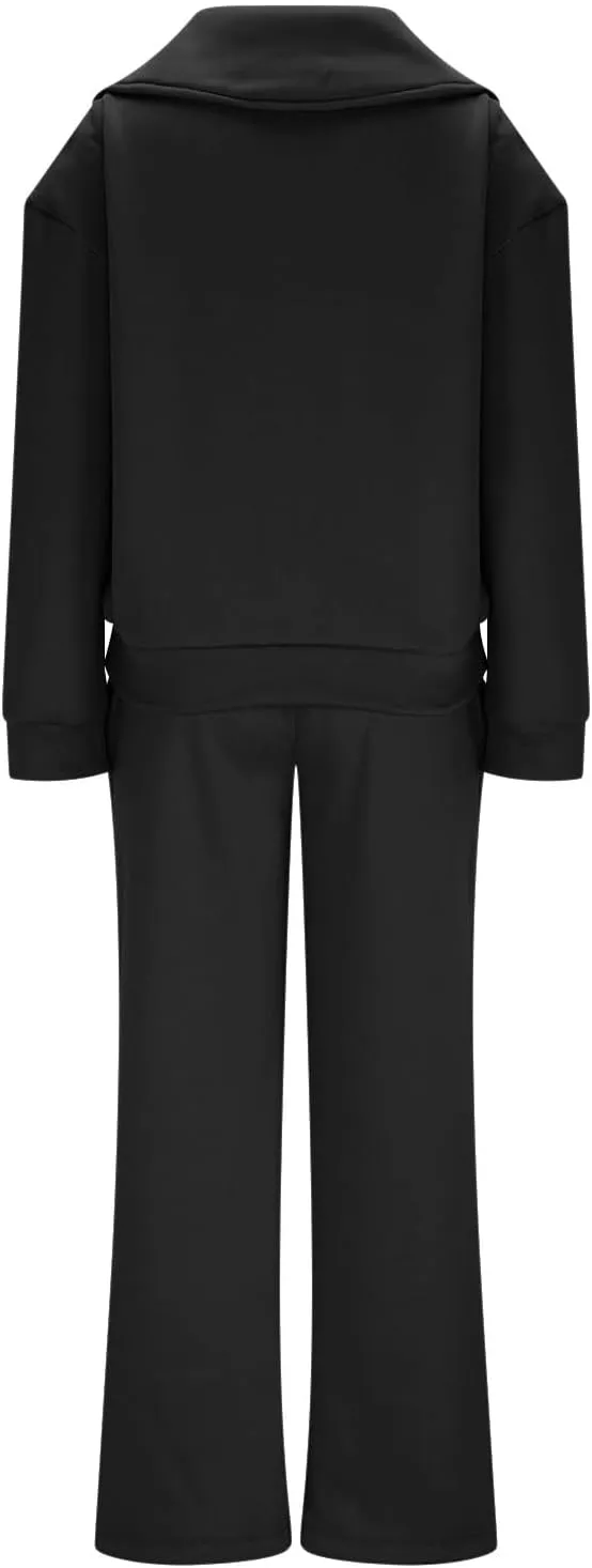 Women Fashion Solid Collar Half Zipper Sweatshirt Wide Leg Sweatpants Matching Sets Casual Sports Two Piece Set