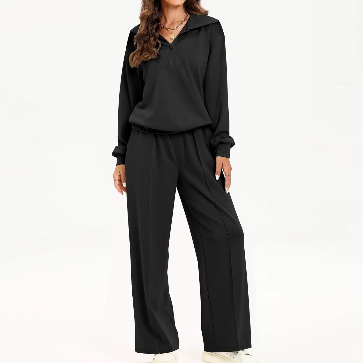 Women Fashion Solid Collar Half Zipper Sweatshirt Wide Leg Sweatpants Matching Sets Casual Sports Two Piece Set