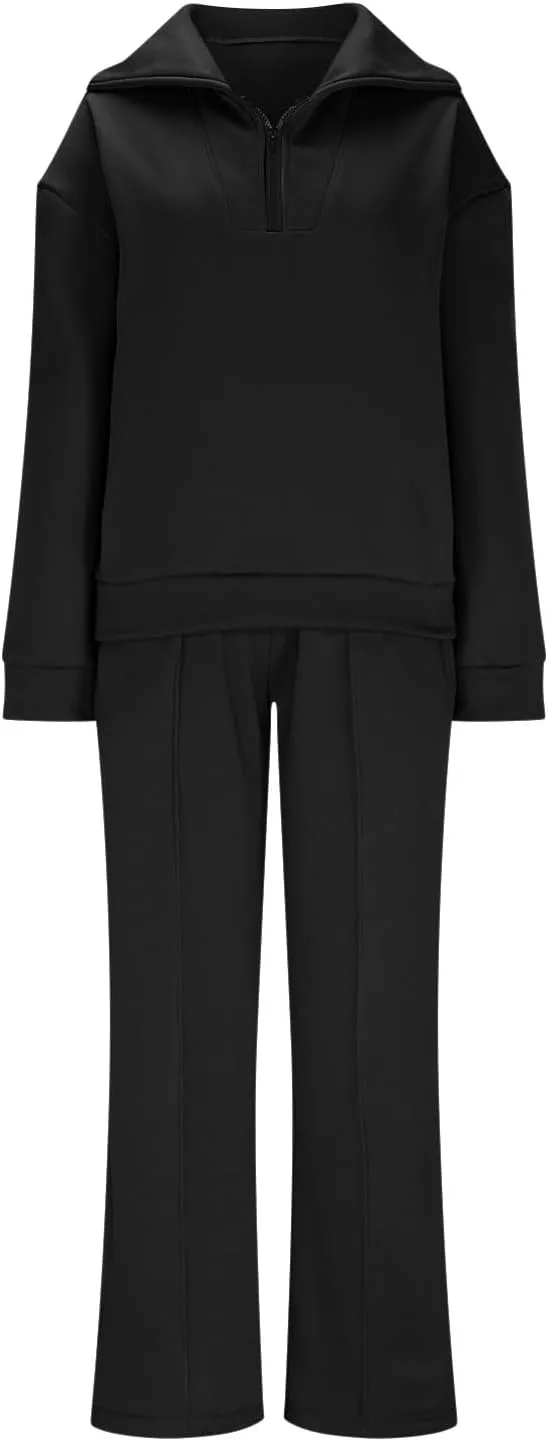 Women Fashion Solid Collar Half Zipper Sweatshirt Wide Leg Sweatpants Matching Sets Casual Sports Two Piece Set
