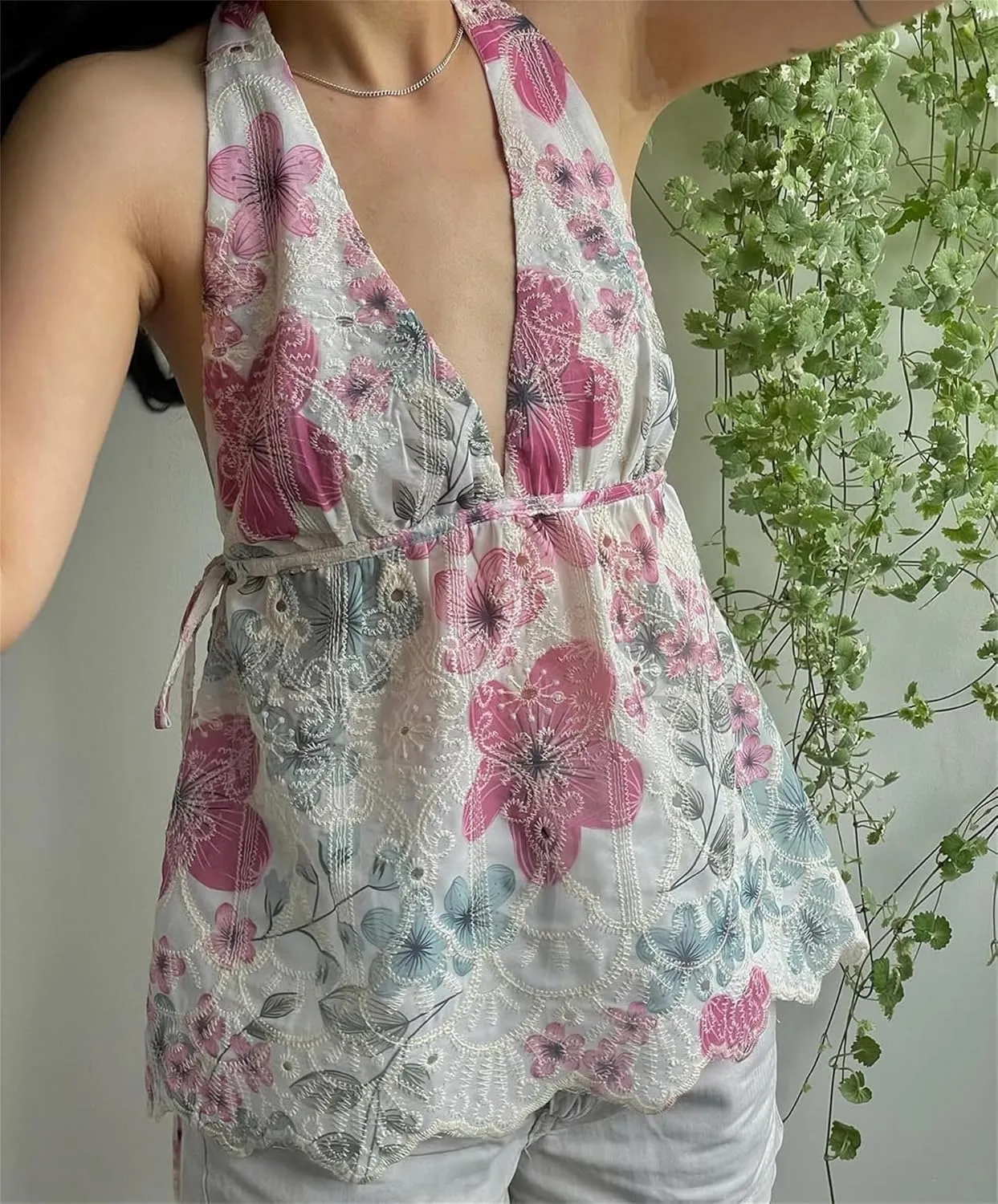 Women Lace Floral Halter Tank Tops Deep V Neck Backless Ruffle Camisole Y2K Bodycon Going Out Vest Streetwear