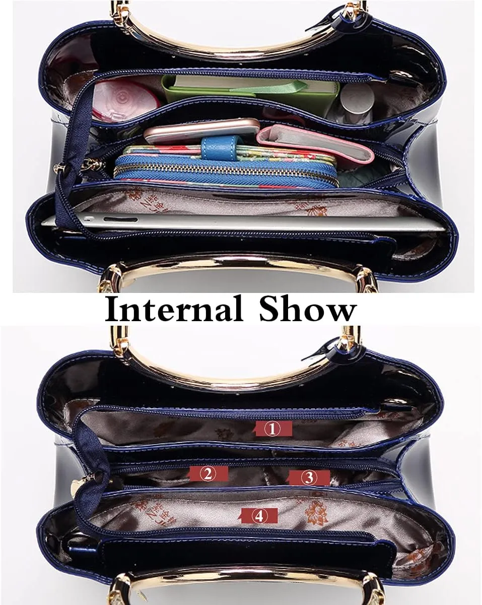 Women Ladies Purse and Handbag Patent Leather Satchel Tote Top Handle Shoulder Bag with Pendant