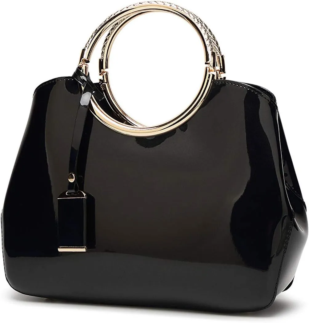 Women Ladies Purse and Handbag Patent Leather Satchel Tote Top Handle Shoulder Bag with Pendant