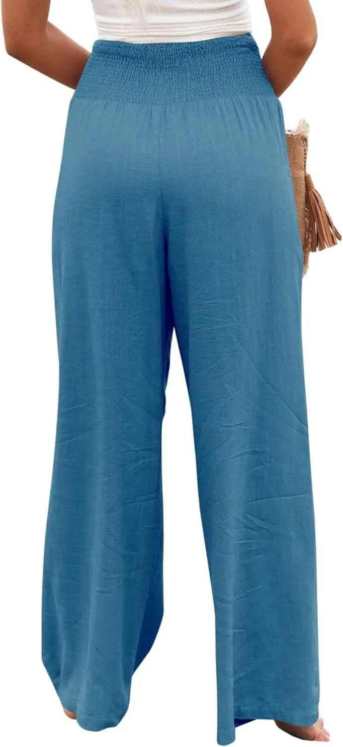 Women Linen Pants Elastic High Waist Wide Leg Palazzo Pants Summer Casual Loose Beach Pants Trousers with Pocket