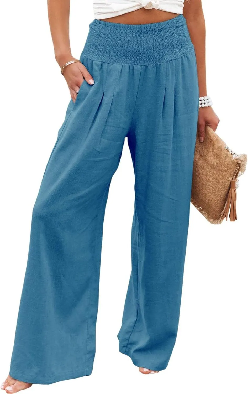 Women Linen Pants Elastic High Waist Wide Leg Palazzo Pants Summer Casual Loose Beach Pants Trousers with Pocket