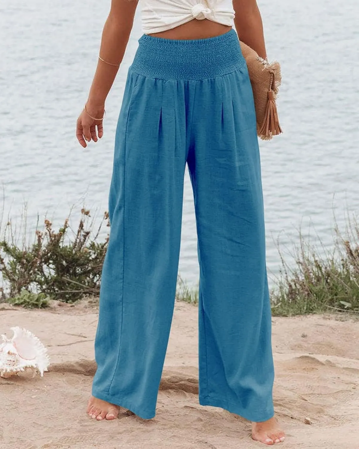 Women Linen Pants Elastic High Waist Wide Leg Palazzo Pants Summer Casual Loose Beach Pants Trousers with Pocket