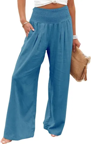 Women Linen Pants Elastic High Waist Wide Leg Palazzo Pants Summer Casual Loose Beach Pants Trousers with Pocket