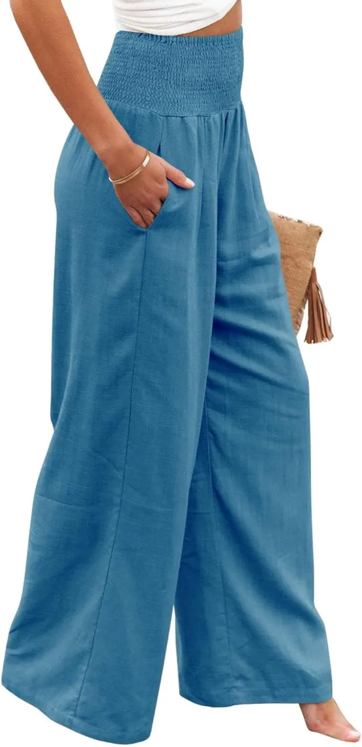 Women Linen Pants Elastic High Waist Wide Leg Palazzo Pants Summer Casual Loose Beach Pants Trousers with Pocket