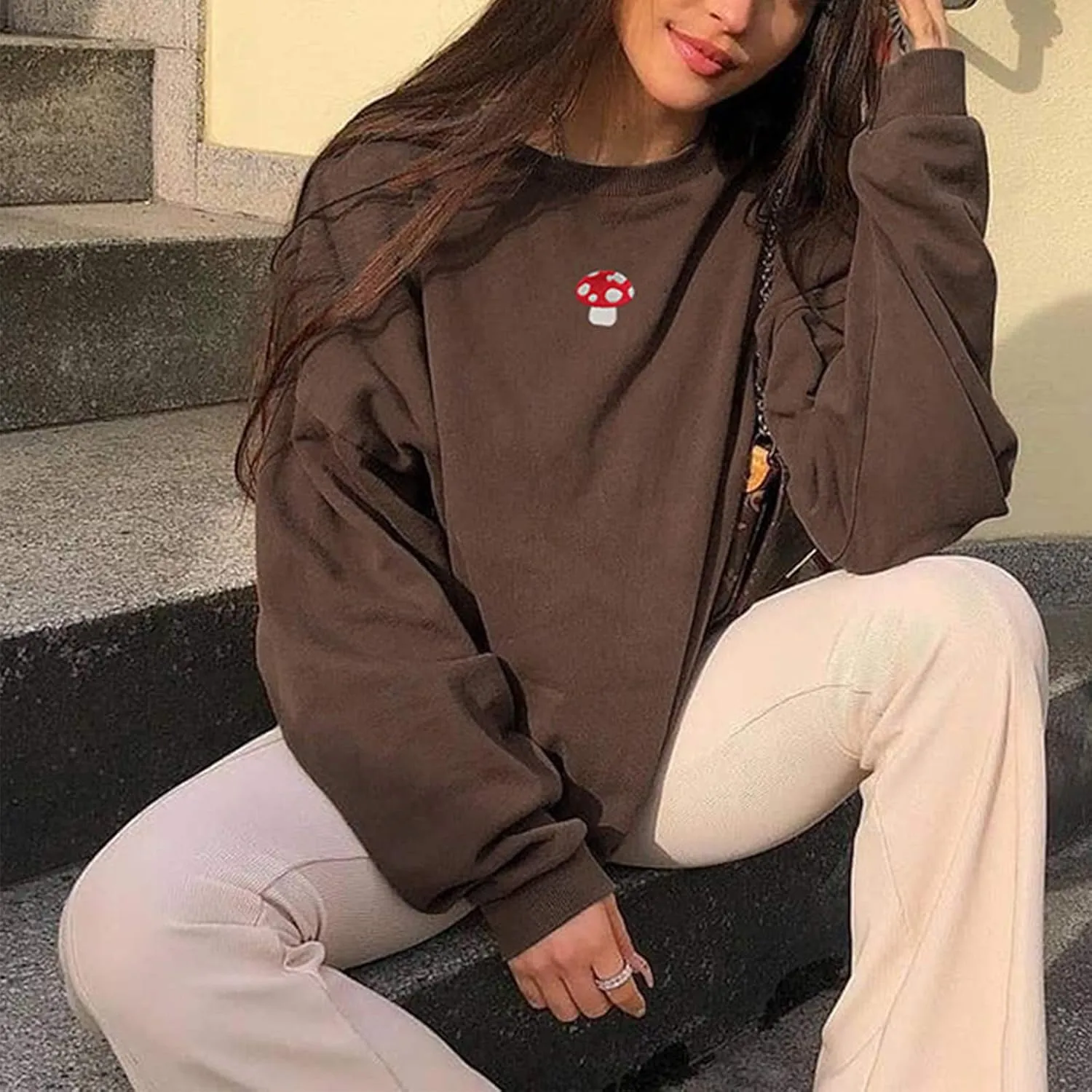 Women Long Sleeve Mushroom Embroidery Casual Oversized Crewneck Pullover Sweatshirt Tops